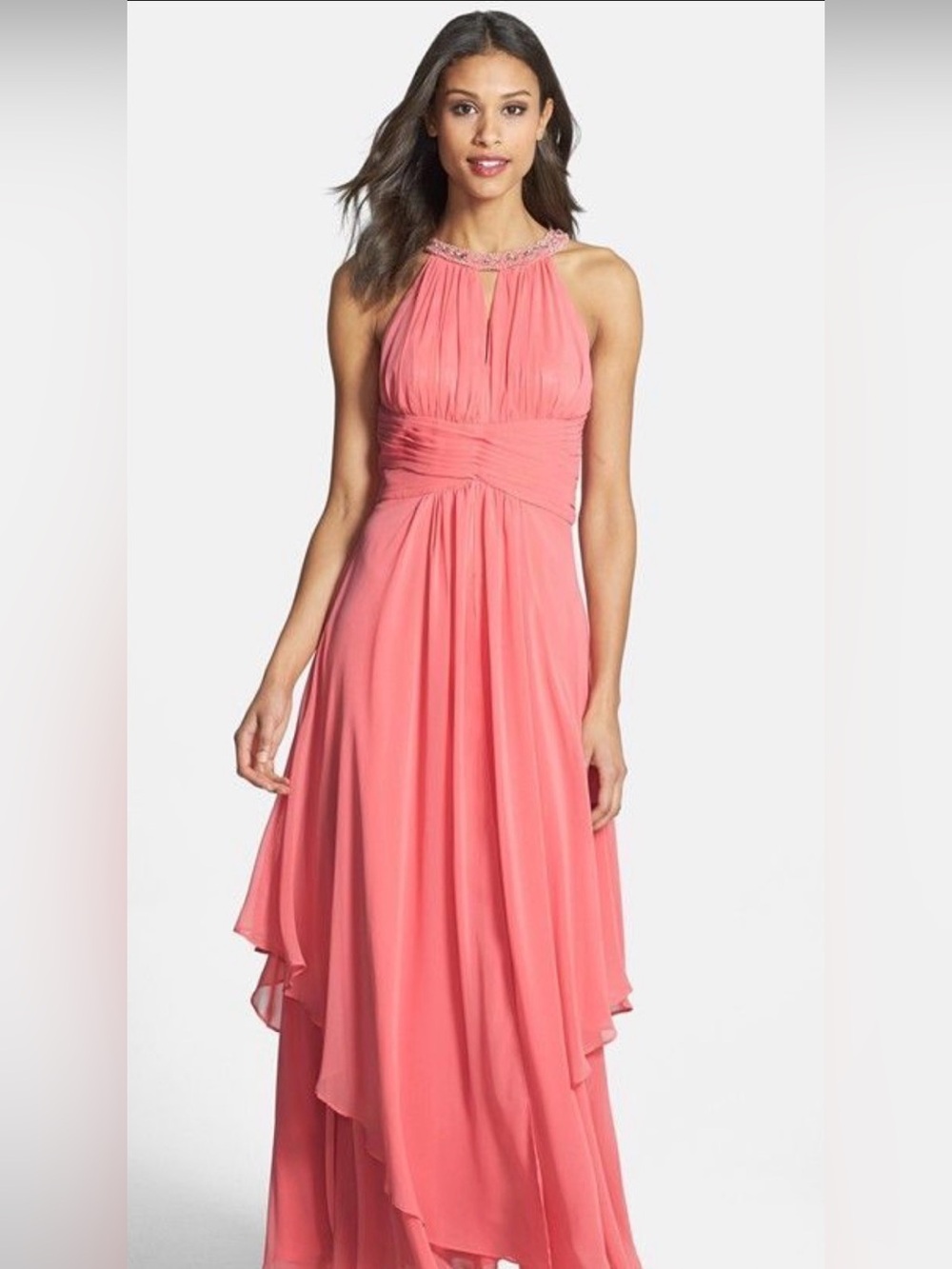 Eliza J Pink/coral Jeweled Chiffon High Low Maxi Gown Dress Size 8 Formal